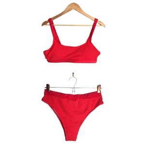 Shein | Red Textured 2 piece bikini high rise bottom
